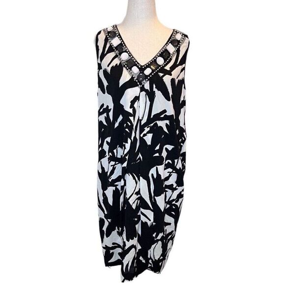 ST. JOHN Soca Collection Black White Abstract Print Sheath Dress Size SMALL Silk